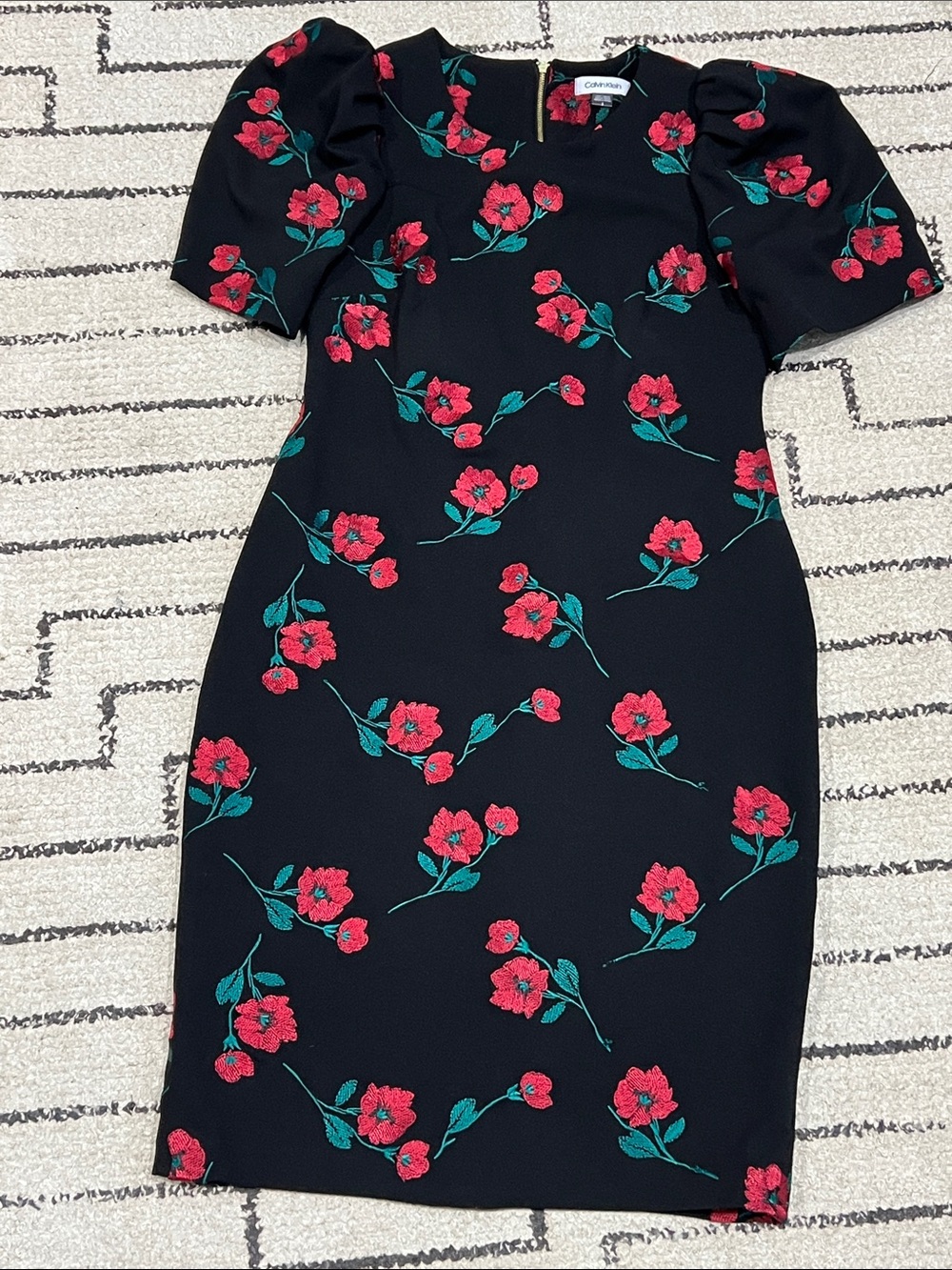 Calvin Klein Black Midi Dress with Red Floral Embroidery